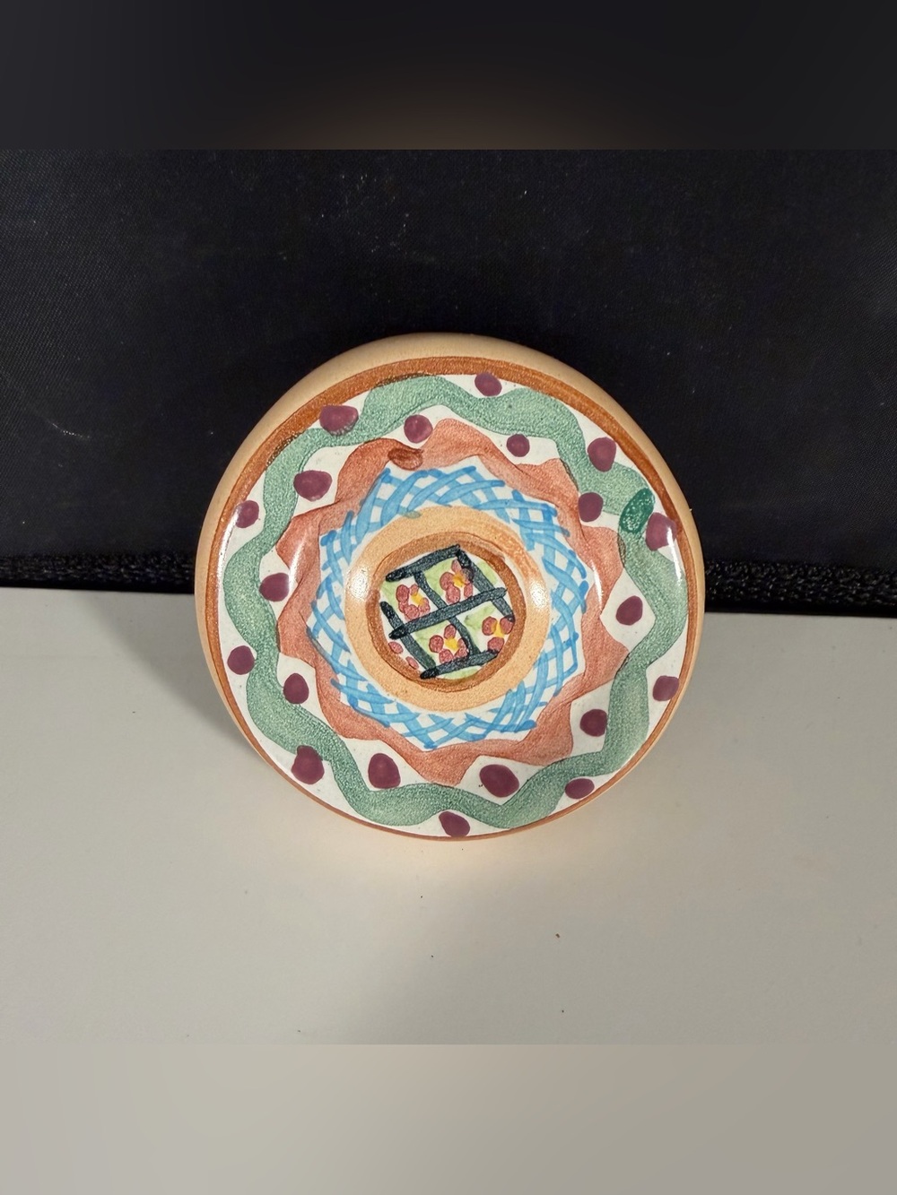 Vintage Mackenzie Childs Heather Round Ceramic Door Knob/Drawer Pull 2.25”